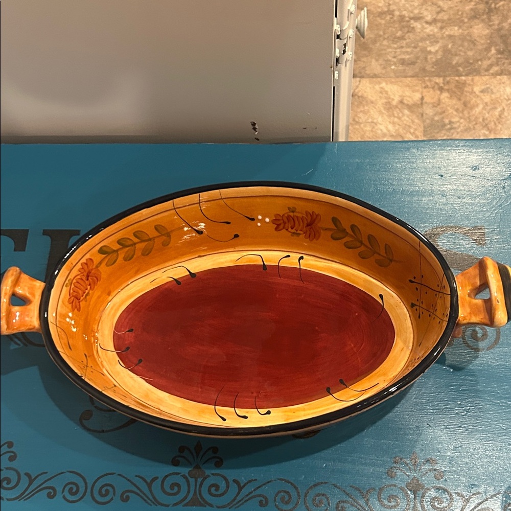 Hand-Painted Oval 16” Serving Dish in Warm Terracotta and Gold